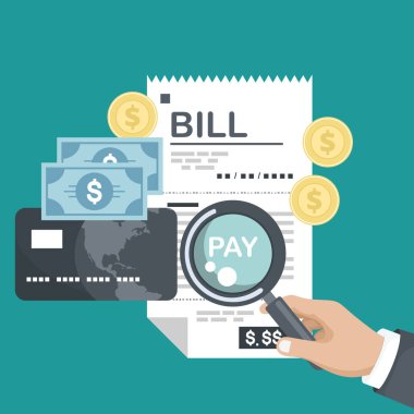 Kağıt kontrolü, makbuz, fatura, sipariş simgesi. Fatura ödüyor. Büyüteci olan fatura, nakit para banknotları, altın paralar, kredi kartı. Mal, hizmet, kamu hizmeti, restoran ödemesi. Düz vektör simgesi
