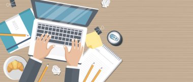 Blogculuk ve gazetecilik kavramı. Hikaye yazarım. Düz vektör tasarımı