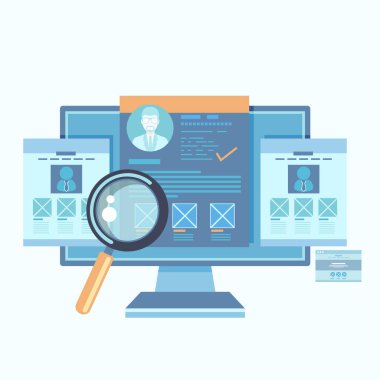 İnsan kaynakları, istihdam, en iyi adayın seçimi. İşe alım platformu, ajans. Özgeçmiş, bilgisayar, video bağlantısı, röportaj. Düz vektör illüstrasyonu