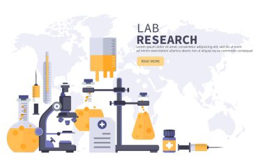 Laboratuvar ve tıp araştırması. Laboratuvar ekipman pankartı. Bilim, tıp ve bilgi kavramı. Araştırma konsepti. Düz vektör illüstrasyonu