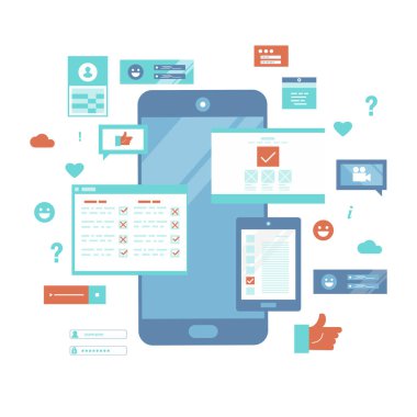 Çevrimiçi doldurma formları ve işaretleri olan telefon ekranı. Çevrimiçi anket anketi. Oylama, kontrol listesi, inceleme, geri bildirim servisi, müşteri desteği. Düz vektör illüstrasyonu