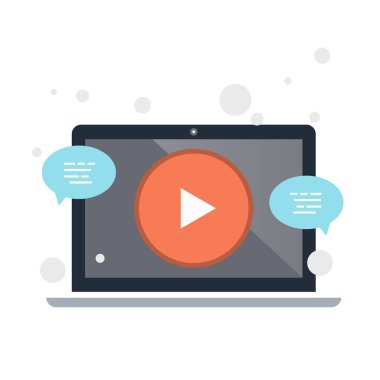 Eğitim, eğitim, online eğitim, e-öğrenme konsepti. Ekranda videolu dizüstü bilgisayar ve simgeler var. Düz vektör illüstrasyonu.