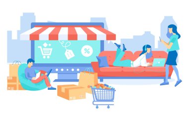 İnsanlar telefon ve dizüstü bilgisayardan eşyalar satın alıyor. Çevrimiçi alışveriş, başvuru, hizmet, bankacılık. Ev teslimat servisi. Düz vektör illüstrasyonu