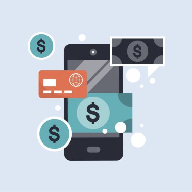 Hat alışverişinde ve ödeme yöntemlerinde. Cep telefonu ödemeleri. Düz vektör illüstrasyonu