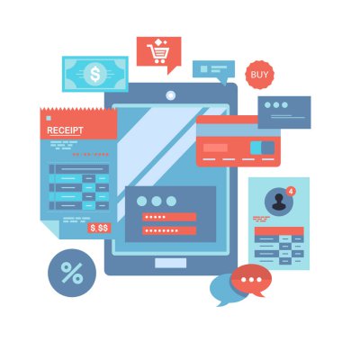 Hat alışverişinde ve ödeme yöntemlerinde. Cep telefonu ödemeleri. Telefon ve dizüstü bilgisayarla çevrimiçi. Çevrimiçi alışveriş, başvuru, hizmet, bankacılık. Ev teslimat servisi. Düz vektör illüstrasyonu