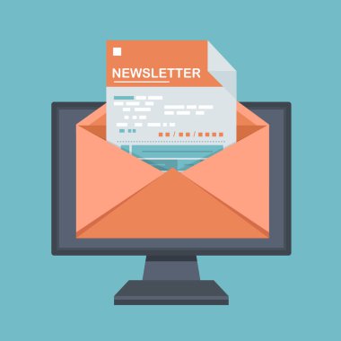 Düzenli olarak abonelerinin ilgilendiği konuları içeren e-posta yoluyla yayınlanan düz dizayn konsepti. Düz vektör çizimi. Haber konsepti