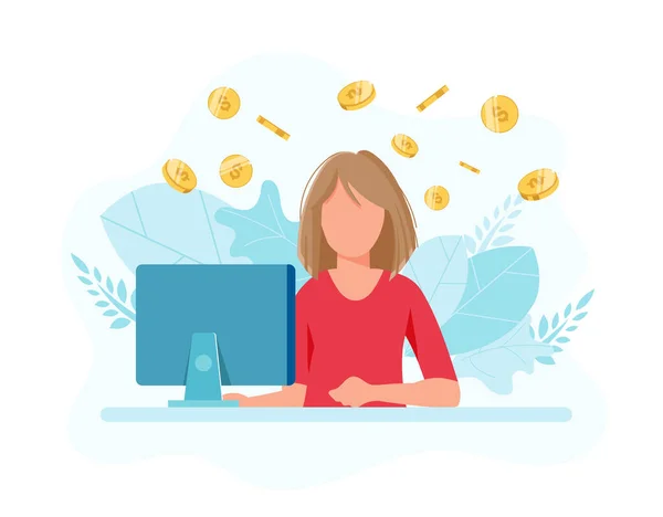 Verdien Geld Online Vrouw Met Een Computer Munten Illustratie Platte — Stockvector