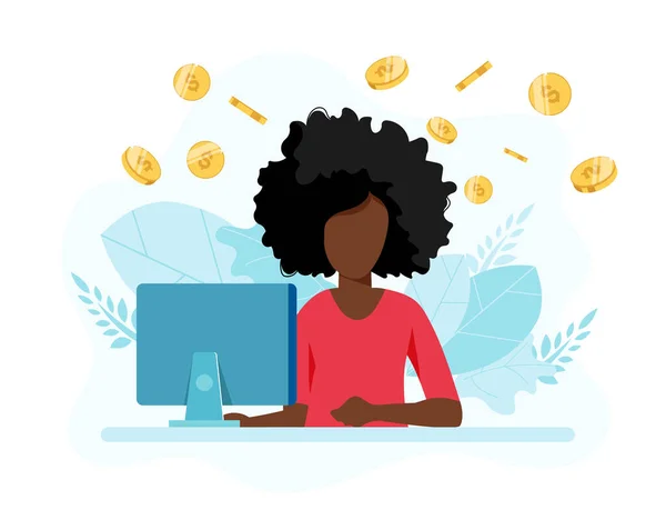 Nternetten Para Kazan Parası Bilgisayarı Olan Bir Kadın Düz Bir — Stok Vektör