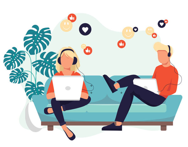 Сети. Женщина и мужчина используют ноутбук для социальных сетей. Болтал. Креативный плоский дизайн для веб-баннера, маркетинговых материалов, бизнес-презентаций, интернет-рекламы. Плоская векторная иллюстрация