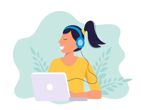 Müşteri Hizmetleri Iniş Sayfası Kulaklıklı Kadın Dizüstü Bilgisayarı Olan Mikrofon — Stok Vektör