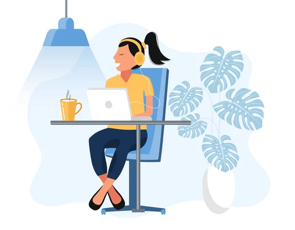 Home Office Concept Woman Working Home Student Freelancer Vector Illustration — Stock Vector