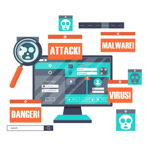 Kötü Amaçlı Yazılım Virüs Korsanlık Hackleme Güvenlik Kavramı Nternet Sitesi — Stok Vektör