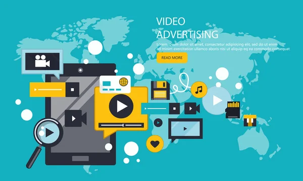 Video Marketing Digitální Marketingový Koncept Reklama Propagace Plochá Vektorová Ilustrace — Stockový vektor