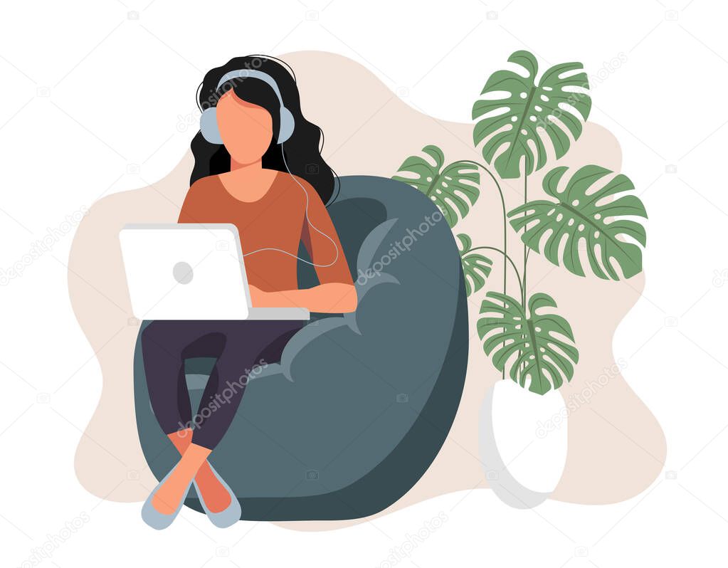Home office concept, woman working from home, student or freelancer. Vector illustration in flat style