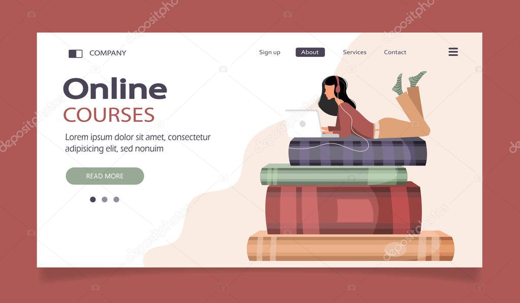 Concept illustration of online courses, distance studying, self education, digital library. E-learning banner. Online education. Vector illustration in flat style