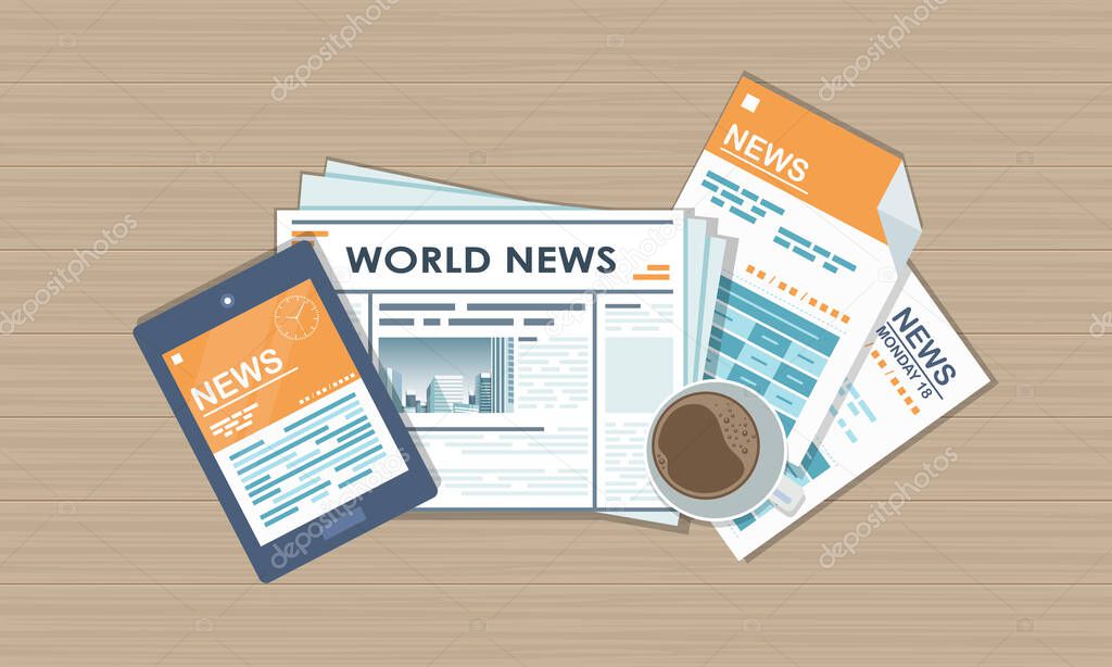 Vector illustration. Flat header. Online news. Newsletter and information. Business and market news. Financial report and coffee on table