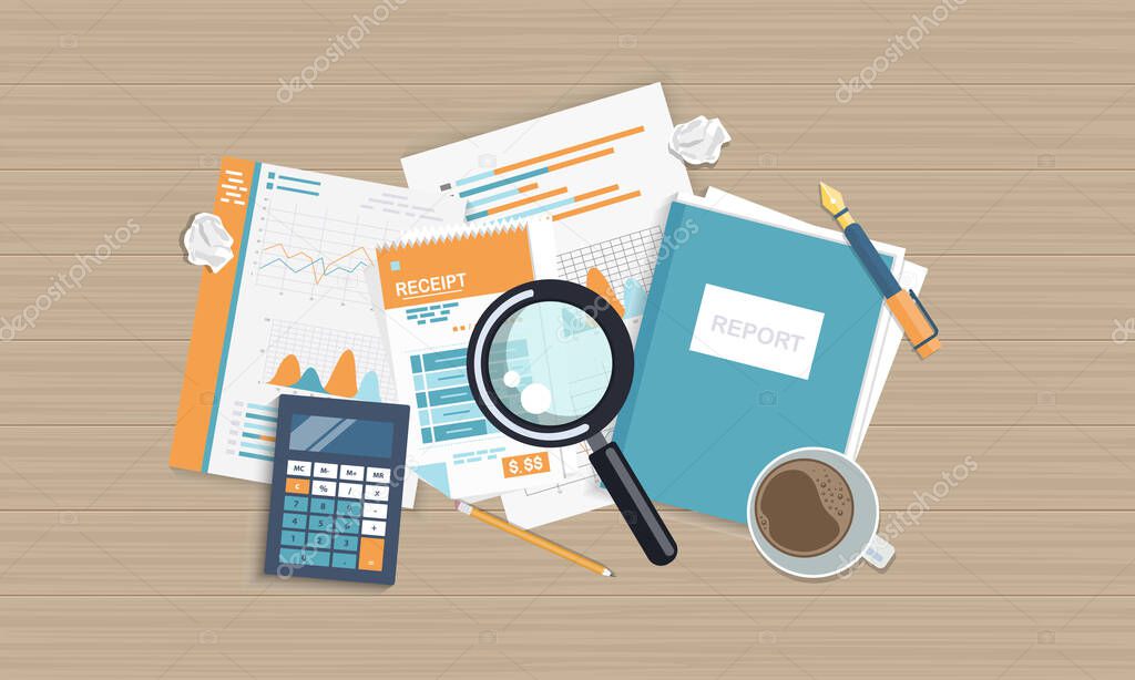 Business report. Accounting, research, data analysis, audit, calculation. Flat vector illustration