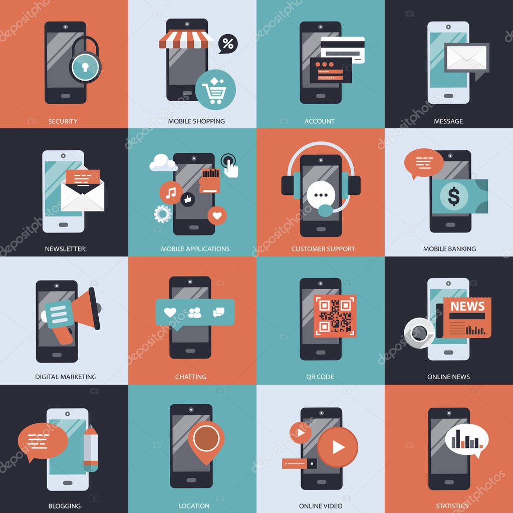 Mobile phone icon collection for mobile applications and websites. Business, technology and networking icons. Flat vector illustration
