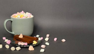 Gri arka planda şekerleme ve çikolata olan gri bir fincan. Mesaj için yer var. Yüksek kalite fotoğraf