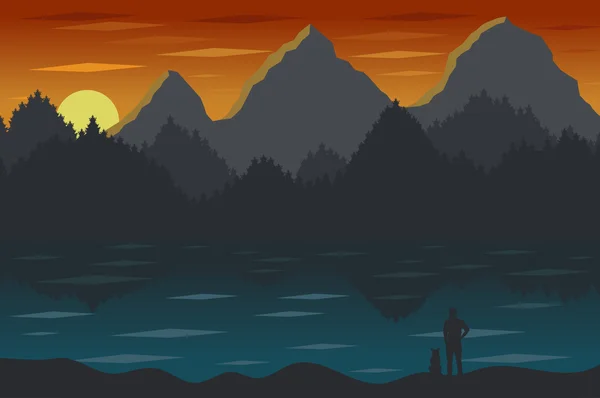 Paisaje con montañas y lago al atardecer — Vector de stock