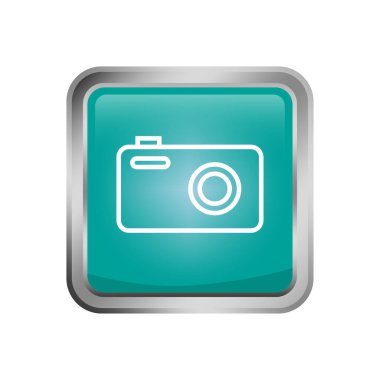 Ana hatlı kamera simgesi. Fotoğraf sembolü. Turkuaz parlak düğme. Vektör multimedya tasarımı. EPS 10.