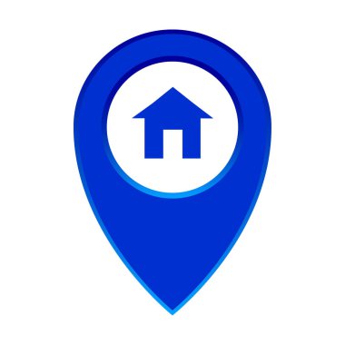 Ev lokasyonu. Ev inşa tabelası. Vektör adresi sembolü. Mavi emlak simgesi. EPS 10.