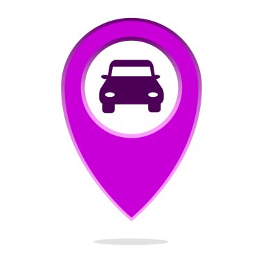 Araba park yeri. Mor harita iğnesi. Otomobil silueti sembolü. Vektör taşıma simgesi. EPS 10.