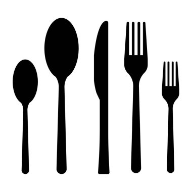 Çatal bıçak düz simge. Çatal bıçak kaşığı. Mutfak aletleri vektörü. Yemek takımı siyah siluet. EPS 10