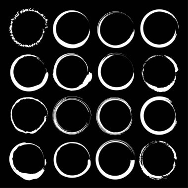 Beyaz halka deseni. On altı tane grunge döngüsü. Vektör çemberi ızgarası. Soyut mürekkep şekilleri. EPS 10.