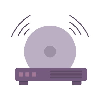 CD çalar simgesi. Disk vektör oynuyor. Kablosuz sinyal elemanı. Mor elektronik cihaz. EPS 10.