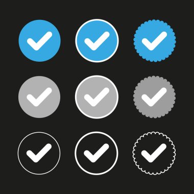 İşaret simgesini işaretle. Onaylama rozeti sembolü. Mavi gri daire. Siyah arka plan tasarımı. EPS 10.