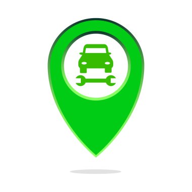 Benzin istasyonu rozeti. Araba tamir noktası. Otomotiv konum vektörü. Bakım haritası işaretleyici. EPS 10.