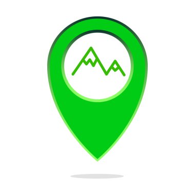 Dağ lokasyonu. Doğa yolculuğu noktası. Peyzaj konumu vektörü. Yürüyüş haritası işaretleyicisi. EPS 10.