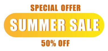 Yaz indirimi afişi. Özel teklif etiketi. Yüzde elli indirimli. Sarı arkaplan vektörü. EPS 10.