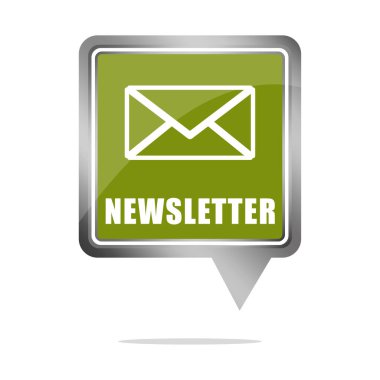 Zarf haber simgesi. Posta abonelik sembolü. Yeşil Vektör konum belirleyicisi. Parlak metalik çerçeve. EPS 10.