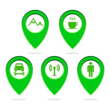 Navigasyon pin simgesi ayarlandı. Seyahat yeri sembolleri. Yeşil harita işaretleyici koleksiyonu. GPS vektör işaretleyicileri. EPS 10.