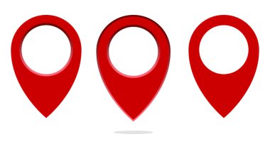 Boş harita iğne simgeleri. Kırmızı konum göstergesi. Navigasyon etiketi vektörü. GPS işaretleyici ayarlandı. EPS 10.