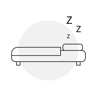 Rahat yatak, uyku vektörü. Dinlenme Gecesi ZZZ sembolleri. Mobilya uyku konfor sembolü. Otel rahatlama turizm ikonu. EPS 10.