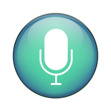 Parlak mikrofon düğmesi. Ses kaydedici vektör simgesi. Yeşil mavi eğimli küre. Ses giriş teknolojisi sembolü. EPS 10.