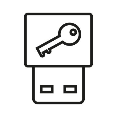 Veri depolama güvenli. Flaş bellek taşıyıcısı. Anahtar parola sembolü. Şifreleme koruma simgesi. EPS 10.