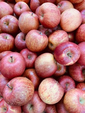 Pazardaki elmaların yakın plan fotoğrafı. Sıralar dolusu meyve arkaplanı. Doku kırmızı elma. 