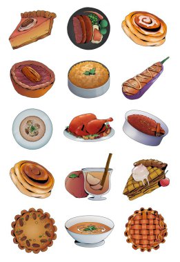 Günümüz düz tarzında, yumuşak toprak tonlarında sonbahar yemekleri çizimi. Sonbahar lezzetlerinden esinlenilmiş konforlu mevsimlik yemek ve malzeme koleksiyonu. Gıda tasarım projeleri, restoran menüleri, mevsimsel pazarlama için mükemmel.