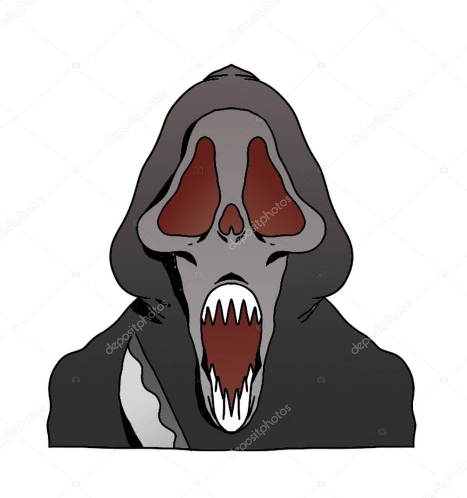 Masked killer Halloween illustration in flat style isolated on white background. A spooky character holding a knife perfect for horror designs, thriller artwork, and festive Halloween illustrations.
