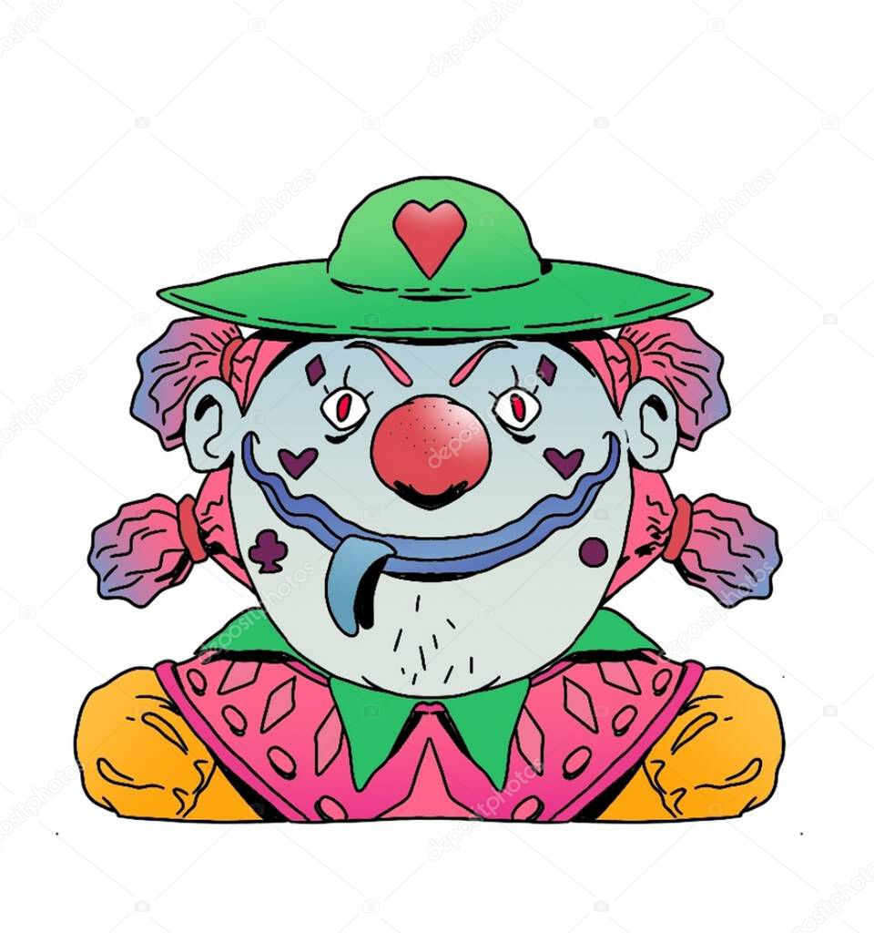 Killer clown Halloween illustration in flat style isolated on white background. A creepy clown character bust with a sinister smile perfect for horror designs, spooky artwork, and festive Halloween illustrations.
