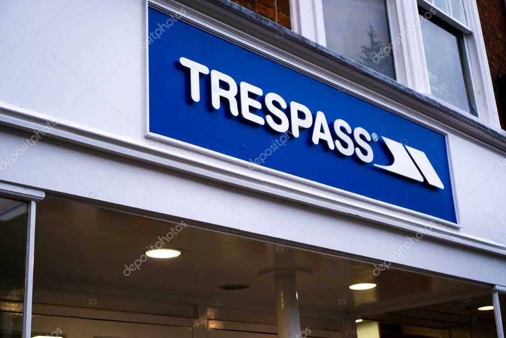Saffron Walden, Essex, UK - January 12, 2024: Sign above a Trespass clothes shop showing logo