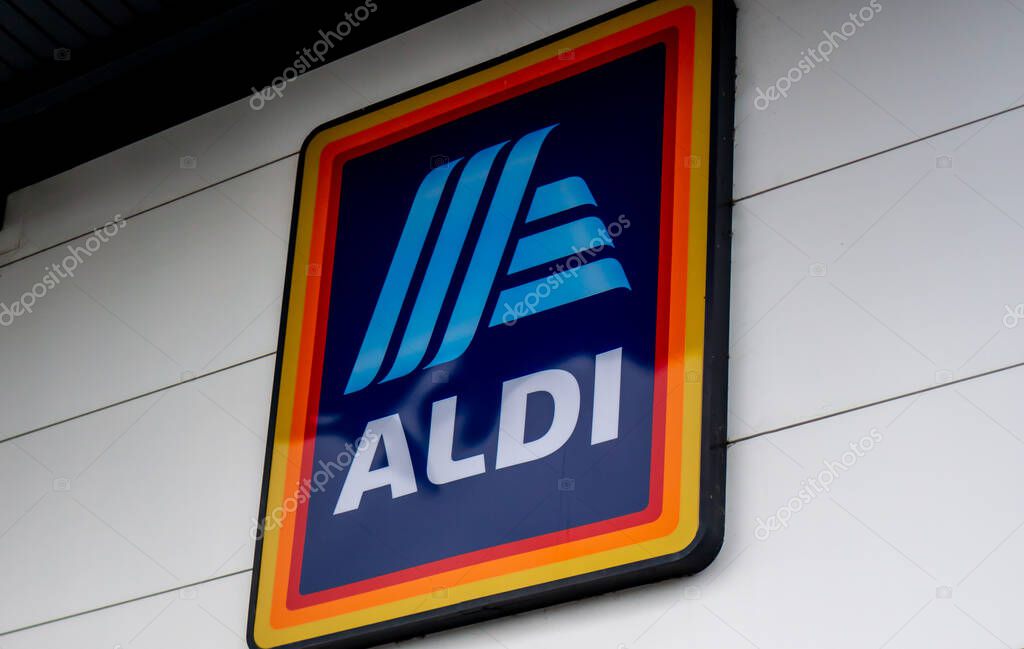 Saffron Walden, Essex, UK - January 12, 2024: Aldi shop sign wall mounted with logo