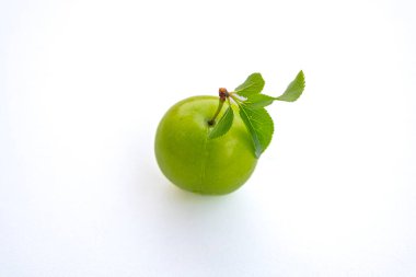 Fresh ripe green plums on yellow plate with branch on isolated white background surface