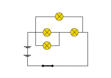 Electrical circuit diagram with light bulbs and power source. Simple illustration of a basic circuit isolated on white background