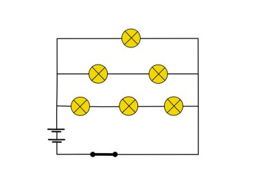Electrical circuit diagram with light bulbs and power source. Simple illustration of a basic circuit isolated on white background