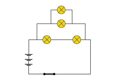 Electrical circuit diagram with light bulbs and power source. Simple illustration of a basic circuit isolated on white background